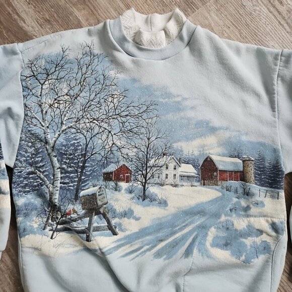 Vtg 80s 90s All Over Print Winter Wonderland Nature Sweatshirt Art Graphic XL - Picture 7 of 14